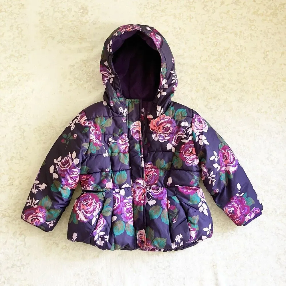 Cherokee Floral Print Hooded Parka Jacket Girls Toddler Size 2T Purple Pockets